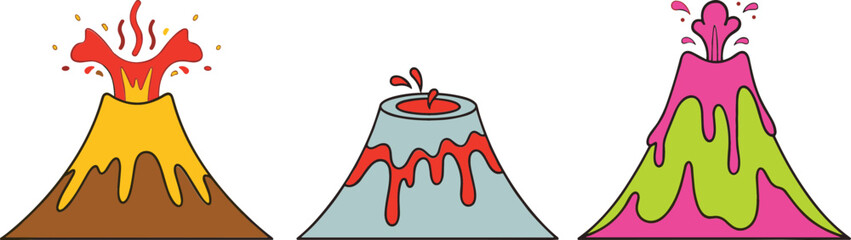 Volcano Eruption Vector Set Featuring Active Volcanic Mountains with Red Hot Lava Magma and Smoke for Science Education Travel Brochures Geographic Maps and Adventure Game Designs © MDRahamat
