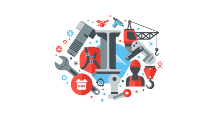 Fototapeta premium Construction and Industrial Engineering Concept Illustration with Steel I-Beam, Crane, Worker, and Maintenance Tools in Flat Vector Design