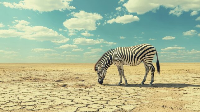 A zebra with its head lowered in the middle of an empty savannah.