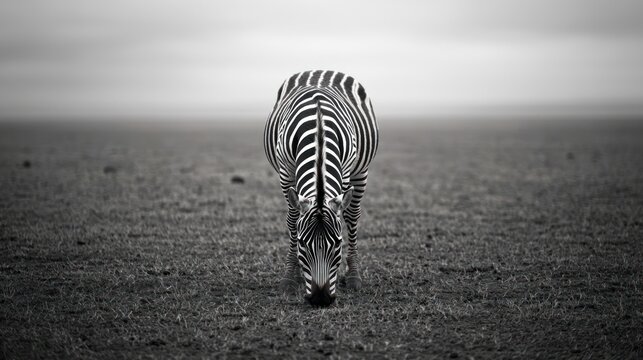 A zebra with its head lowered in the middle of an empty savannah.