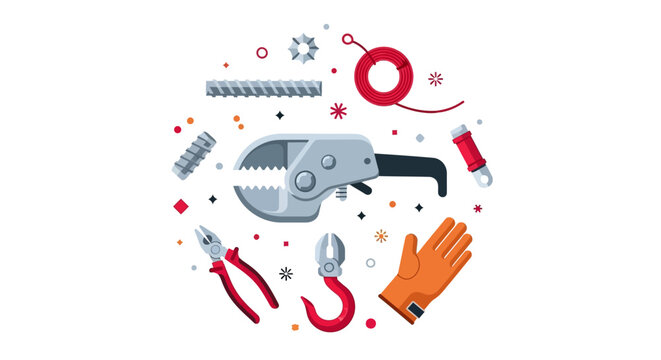 Industrial Construction Tool Kit Illustration featuring Hydraulic Rebar Cutter, Pliers, Hook, and Safety Gear on White Background