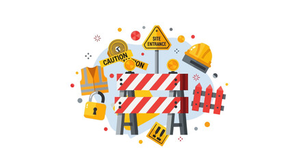 Obraz premium Under Construction and Industrial Safety Vector Illustration with Road Barrier, Hard Hat, Safety Vest, Caution Tape, and Site Entrance Signs on White Background