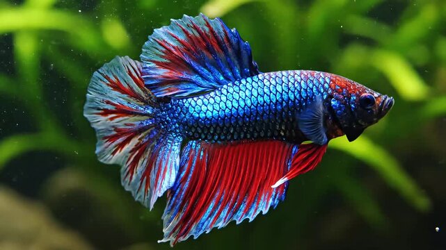 Magnificent Betta fish, a jewel of the aquarium, displaying its brilliant blue and fiery red fins amidst lush green aquatic plants, capturing the beauty of underwater life