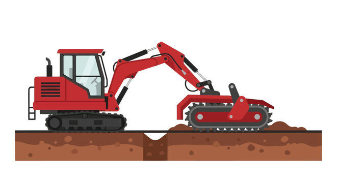 Red Crawler Trencher Excavator Machine Cutting Ground Cross Section - Heavy Industrial Construction Equipment Flat Vector Illustration