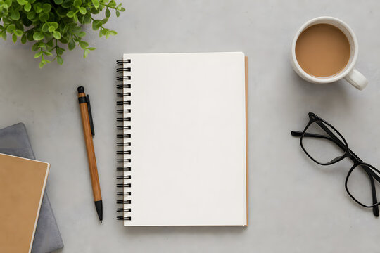 Flat lay desk with notebook and drink
