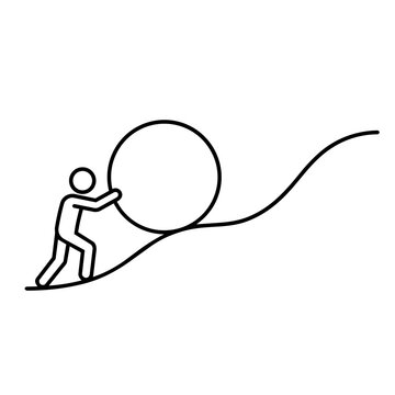 Line art icon of a person pushing a heavy stone on a wavy uphill path symbolizing persistence and challenges