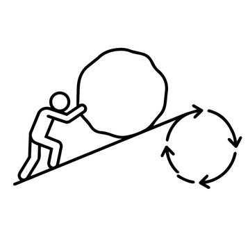 Line art icon of a person pushing a heavy stone uphill with cyclic arrow symbol