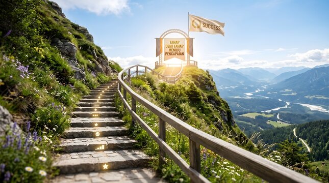 Stone staircase leading to success flag on mountain peak