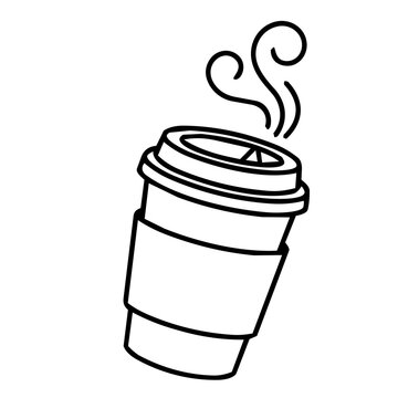 Tilted Hot Takeaway Coffee Paper Cup with Steam Line Art Vector