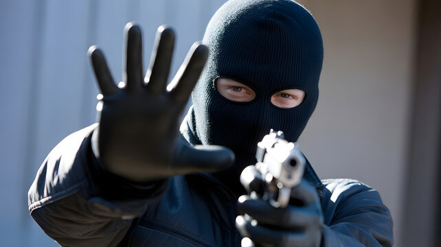 Close-up of masked robber holding gun and stopping with hand. Generated with AI