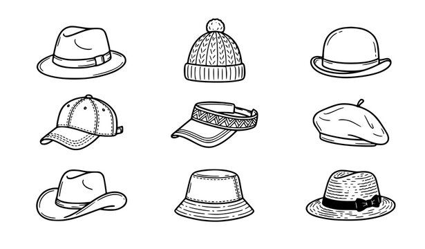 Hats doodle line icons set with fedora beanie cowboy and beret thin outline vector editable stroke isolated on white