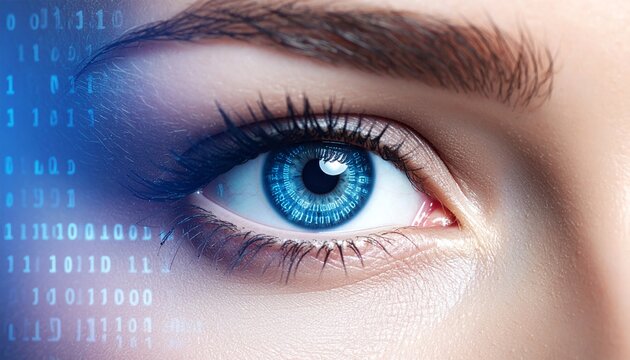 Cyber security concept. Close up of woman's eye with binary code