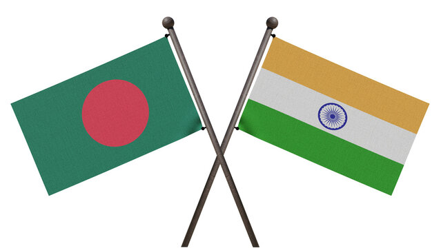 3D render of Bangladesh and India flags crossed on white background, symbolizing South Asian diplomacy and bilateral relations