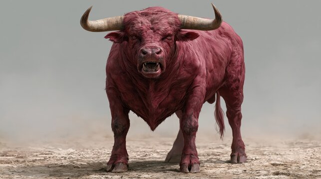 Powerful red bull with flared nostrils and sharp horns charging forward through a haze of dust.