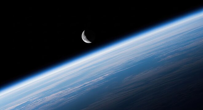 Crescent moon shining brightly above the glowing blue curve of earth atmosphere