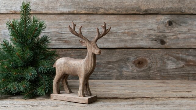 Festive greeting card featuring a small wooden deer and a minimalist pine tree on a rustic wood background with large copy space.