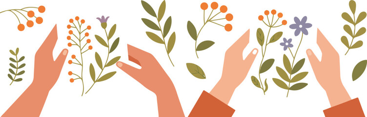 Flat vector illustration collection of human hands reaching for wild botanical flowers and berries for nature conservation and gardening concepts. © Yesrath Hasan Sobuj
