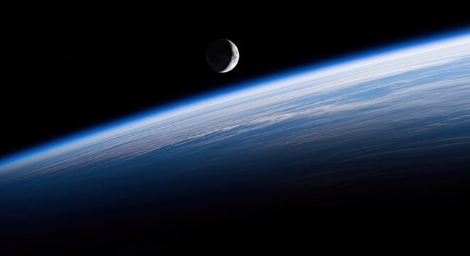 Waxing crescent moon shining brightly above the curvature of planet earth