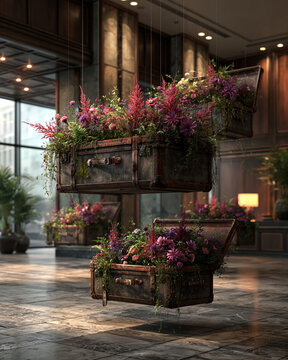 Floating suitcases filled with flowers in surreal luxury hotel lobby