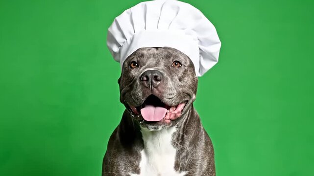 Cute pit bull dog wearing a chef's hat, looking at the camera with a happy expression, isolated on a vibrant green background.