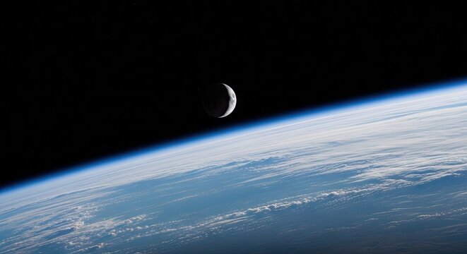 Crescent moon glowing above the horizon of the earth in deep space