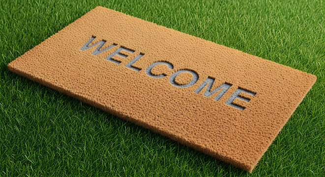 Welcome mat with the word welcome on a green grass background outdoors