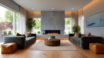 Naklejka premium This welcoming space features plush sofas, a warm fireplace, and lush greenery. Soft lighting fills the room, creating a perfect atmosphere for relaxation and social gatherings