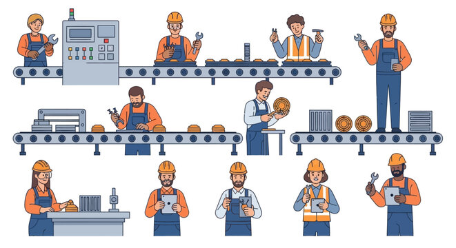 Diverse factory workers operate an assembly line in a manufacturing plant.