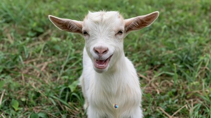 Fototapeta premium Close-up of a smiling goat with a funny expression standing on lush green field in summer.