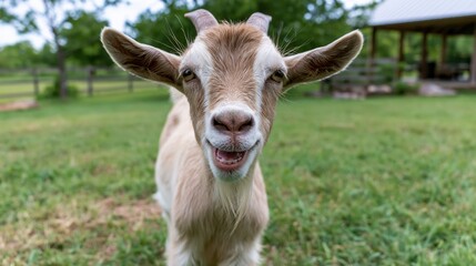 Fototapeta premium Lively goat displaying a goofy grin while playing on a vibrant farm lawn.