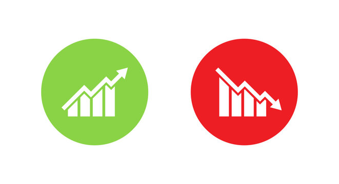 Increase decrease graph icon. Business analytics symbol in green and red circle
