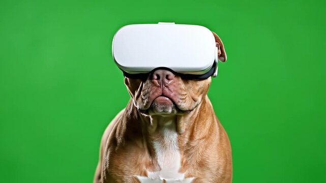 Pitbull dog wearing virtual reality headset on a green screen background, looking at camera.