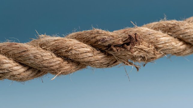 Frayed hemp cord showing broken fibers against a smooth, neutral blurred background.