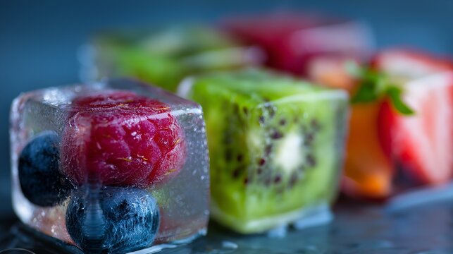 Ice cubes with fruits inside, macro shot, high detail, trendy