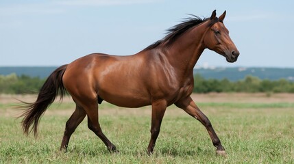 Obraz premium Full length profile of a happy horse moving gracefully across a lush sunlit field on a bright day.