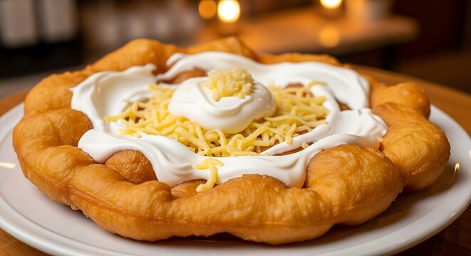 Hungarian Langos Fried Dough with Toppings on Plate.