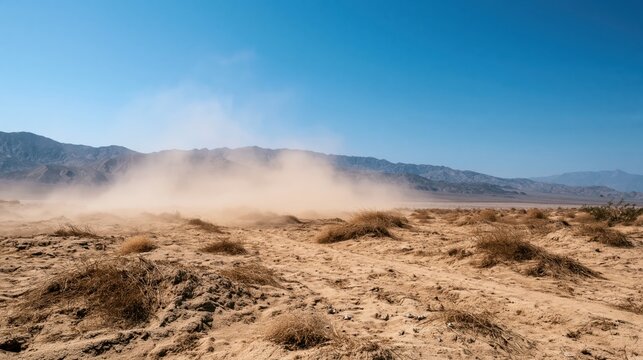 Swirling sand and dust clouds rising from a parched desert floor under a hazy sun.