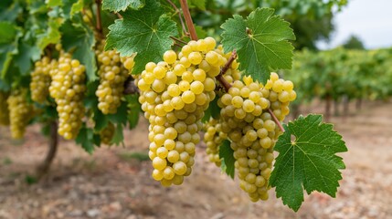 Fototapeta premium Vineyard vine loaded with heavy bunches of golden Chardonnay grapes in late summer.
