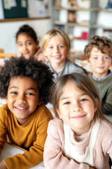 Obraz premium Happy Diverse Children Smiling in Classroom