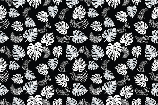 Seamless Hawaiian floral pattern in elegant black tones featuring tropical flowers and leaves arranged in a balanced composition. This high-quality design is perfect for textile printing, fabric, fash