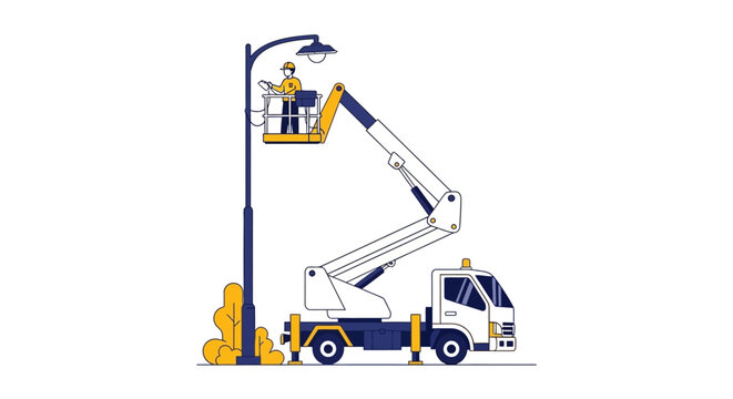Electrician in a Cherry Picker Truck Repairing a Street Light, Flat Vector Illustration of Municipal Maintenance and Utility Service