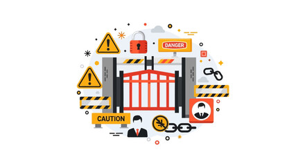 Fototapeta premium Industrial Safety and Restricted Access Illustration with Security Icons, Danger Signs, and Workplace Protection Symbols in Flat Design Style