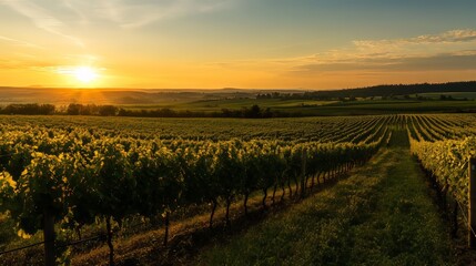 Fototapeta premium Sunset over a vineyard with rows of grapevines in the countryside during evening hours