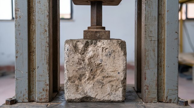 Concrete cube specimen under compression load within a universal testing machine during a laboratory assessment.