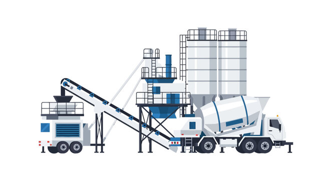 Concrete Batching Plant Illustration with Cement Mixer Truck, Silos, and Conveyor Belt. Industrial Construction Equipment Vector Isolated on White Background.
