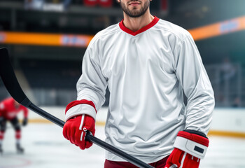 Naklejka premium Blank white sport longsleeve on hockey player mockup, ai generated. Professional male sportsman in team jersey with hockey stick, stadium background. Clear forward costume for training template.
