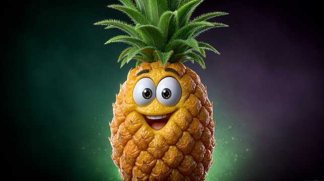 Cartoon pineapple character with a smiling face and large eyes, featuring green leaves on top, set against a colorful gradient background