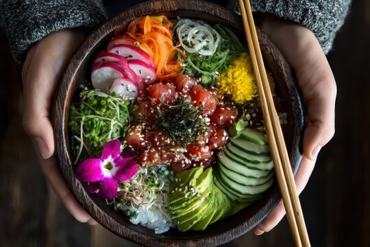 a person holding a bowl of poke with chopsticks and various toppings