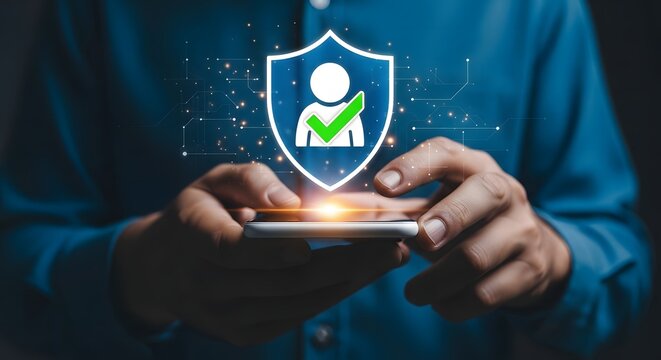 A person holding a smartphone displaying a glowing digital shield with a human silhouette and a green checkmark, representing secure user authentication, privacy protection, and data safety