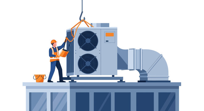 HVAC Technician Installing Industrial Air Conditioning System on Rooftop Vector Illustration